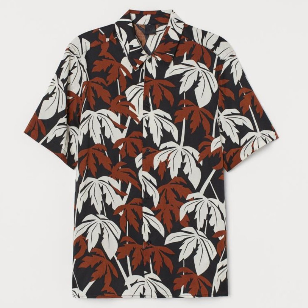 Men's H&M Collar Shirt | S/S | Patterned | Black/Beige/Brown | Size - M | NWT